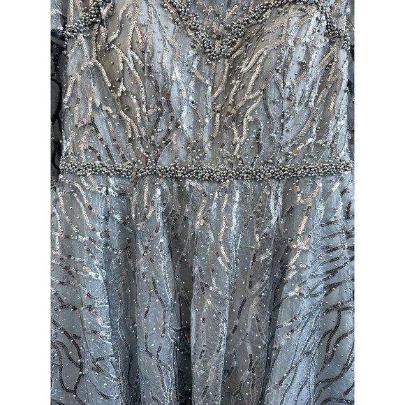 MAC DUGGAL 20252 High Neck Elbow Sleeve Embellished A-Line Dress Size 12 Silver - Picture 6 of 11